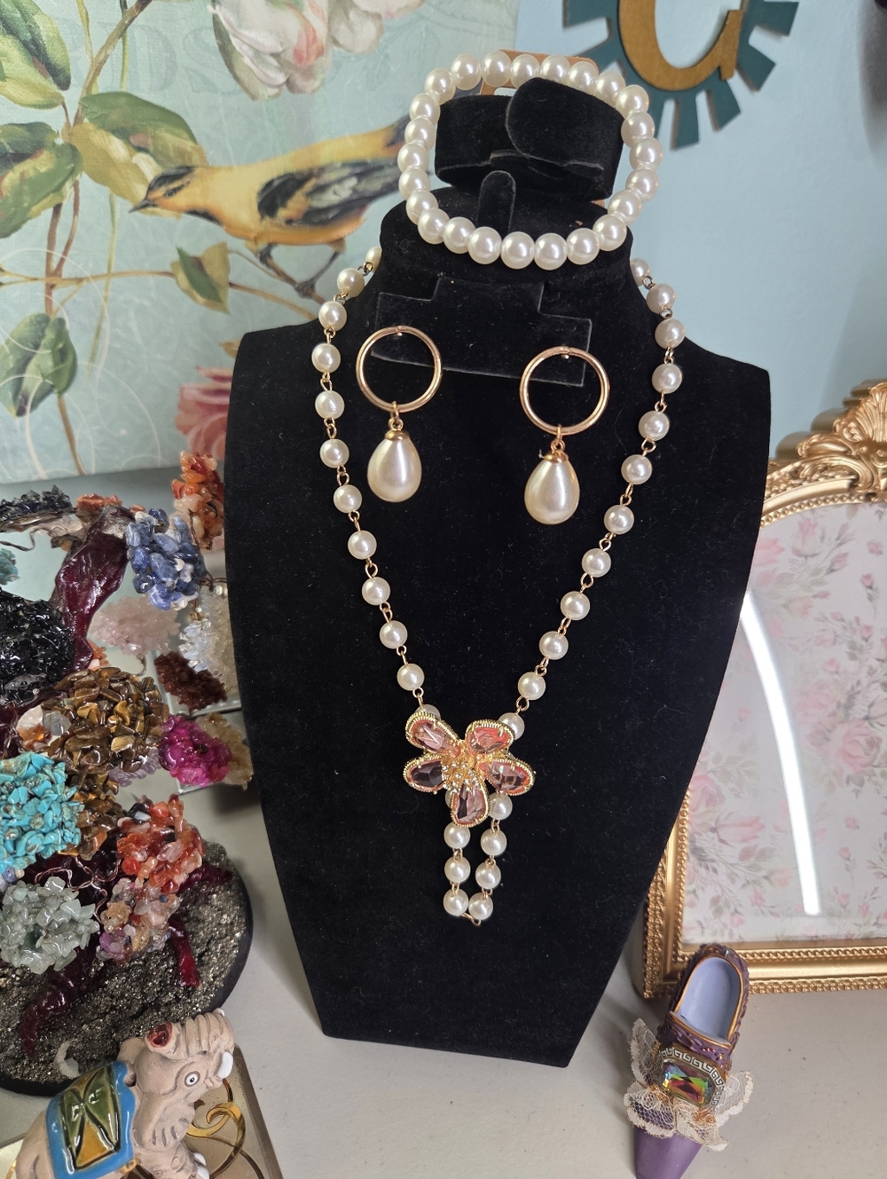 Pearl Drop Necklace and Earring Set with Pink Flower Accent - Jewelry Set